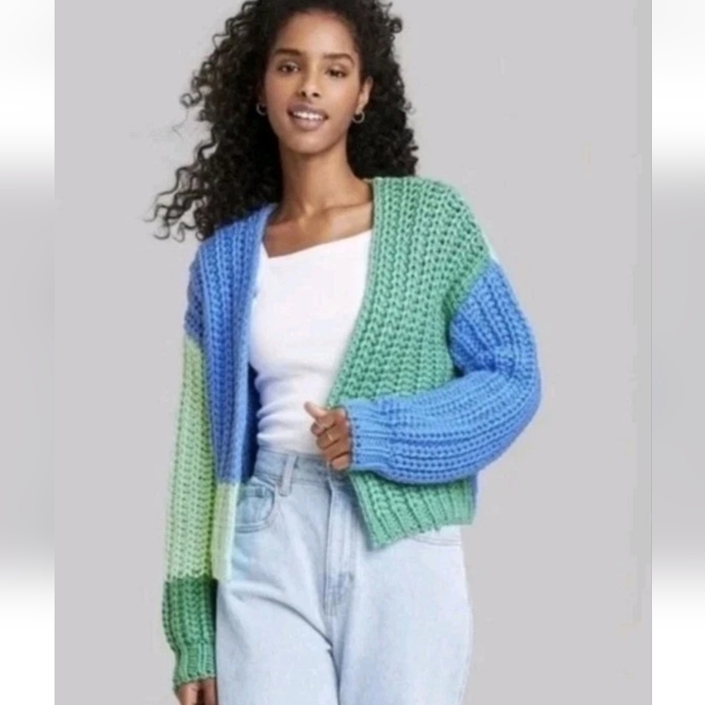 NWT Green & Blue Chunky Knit Color Block Sweater Cardigan Wild Fable